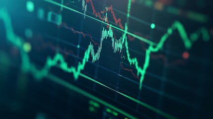 Poster - A close-up of a digital financial chart on a computer screen showing a bullish trend, with rising green lines and data points, symbolizing market growth.