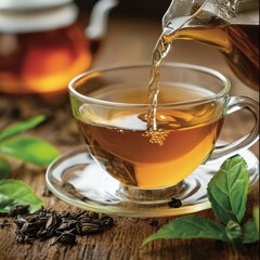 Wall Mural - Close-up of tea pouring into a glass cup, with tea leaves and green leaves surrounding the cup, on a wooden table.