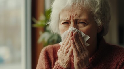 Shot of a senior woman blowing her nose with a tissue at home