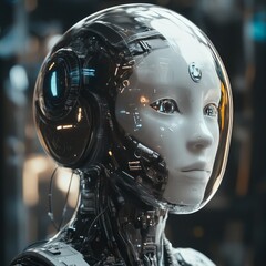 Poster - Close-up portrait of a female humanoid robot with a transparent helmet revealing intricate internal wiring and circuitry.