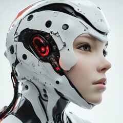 Canvas Print - Close-up portrait of a woman with futuristic helmet and exposed mechanical parts.