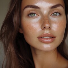 Poster - Close-up portrait of a woman with natural makeup and dewy skin.