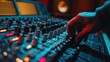 © somneuk - A close-up of a musician adjusting knobs on a mixing console while working on a DIY music production project