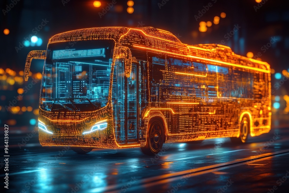 A futuristic school bus with glowing binary sequences, symbolizing the ...