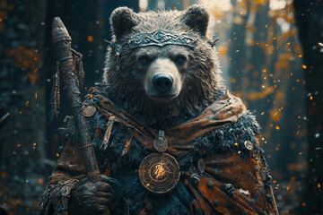 bear beastfolk warrior shaman wearing ancient runic armor with a magical staff in a dark forest