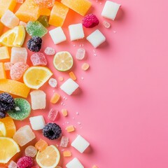 Poster - Colorful fruit and sugar cubes on a pink background.