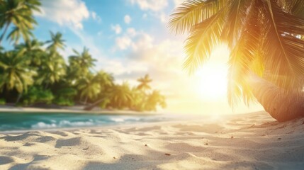 Tropical summer sand beach and bokeh sunlight