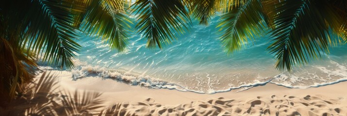 Summer banner Sandy beach palm tree leaves