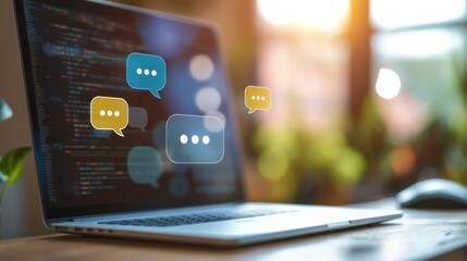 Web chat interface on laptop with code in the background