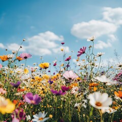 Poster - Colorful wildflowers in a field against a blue sky with white clouds.