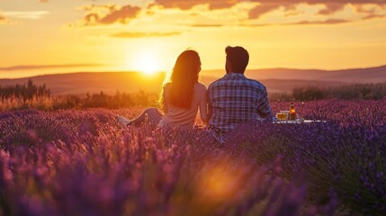 Wall Mural - Couple enjoying a picnic in a lavender field at sunset.