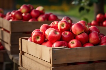 Wall Mural - Close-up of wooden crates full of ripe apples 