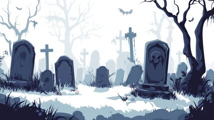 Dark sky foggy cemetery on a hill, black sky Halloween concept