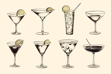 Cocktails alcoholic daiquiri, old fashioned, manhattan, martini, sidecar glass hand drawn engraving vector illustration vintage style 