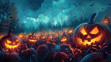 Group of carved pumpkins in a cemetery field and dark forest. Halloween pumpkins are lit by candlelight during the full moon at night.