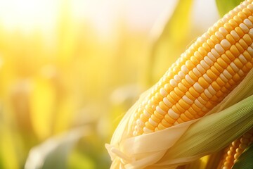 Corn cobs close up, blurred corn field background with copy space 