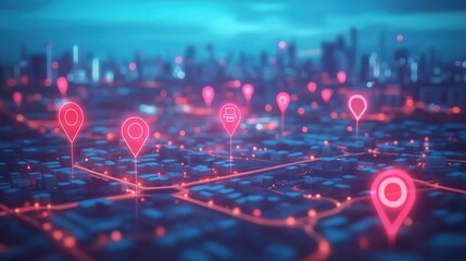 Aufkleber - 3D rendering of a modern cityscape with glowing red and blue location pins on a map background, symbolizing global network connectivity, technological advancement, and data sharing. This vibrant scene