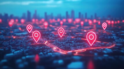 Leinwandbilder - 3D rendering of a modern cityscape with glowing red and blue location pins on a map background, symbolizing global network connectivity, technological advancement, and data sharing. This vibrant scene