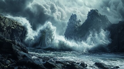 Wall Mural - Dramatic waves crashing against jagged cliffs under a stormy sky.