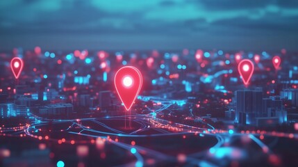 Leinwandbilder - 3D rendering of a modern cityscape with glowing red and blue location pins on a map background, symbolizing global network connectivity, technological advancement, and data sharing. This vibrant scene
