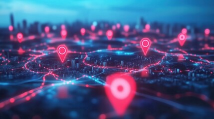 Leinwandbilder - 3D rendering of a modern cityscape with glowing red and blue location pins on a map background, symbolizing global network connectivity, technological advancement, and data sharing. This vibrant scene