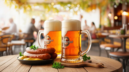 Wall Mural - Cold beer with delicious grilled sausages on a table in a street cafe at a German beer festival