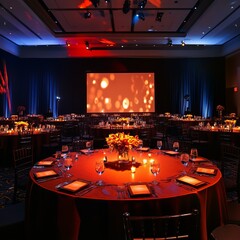 Poster - Elegant Dinner Setup in a Large Banquet Hall with a Screen Showing a Blurred Light Background.