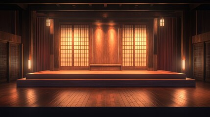 Poster - Empty wooden stage in a traditional Japanese room with red curtains, shoji screens, and lanterns.