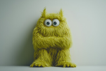 Shy  or scared light green monster toy with tufted fur sitting on the floor