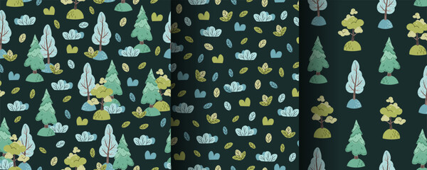 Collection of seamless patterns with cute forest trees and bushes in flat style. Children's background with fir tree, deciduous trees and grass. Cartoon texture for fabric, wallpaper, clothes.