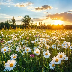 Wall Mural - Field of daisies blooming at sunset.