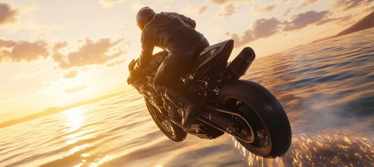 Motorcyclist speeding over water at sunset.