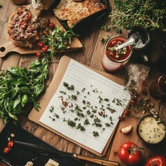 Poster - Flat lay of a rustic kitchen table with various ingredients for a recipe.