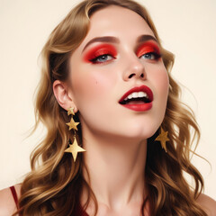  Portrait of  woman with bright red makeup with star earrings