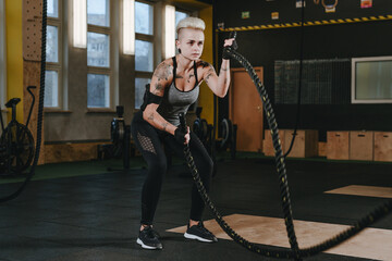 Young woman training with battle ropes at gym