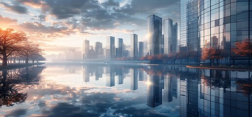 Wall Mural - Serene urban landscape reflecting modern architecture and nature at sunset.