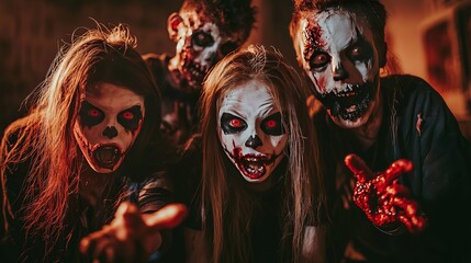 Canvas Print - Four scary zombie figures with red eyes and bloody mouths are looking at the camera.