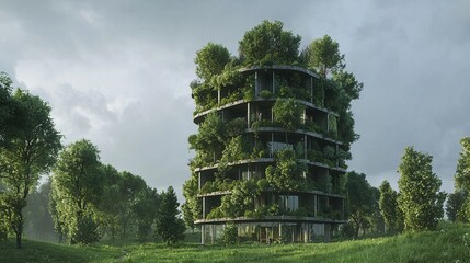 Canvas Print - Green building with trees growing on the exterior, with a person walking in front of it.