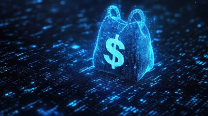 A glowing blue digital moneybag with a prominent dollar icon surrounded by binary code, symbolizing AI financial transactions, fraud detection