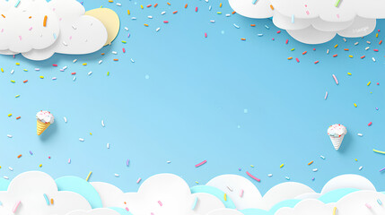 Cute sky blue background with a white ping at the top and colorful sprinkles on it. A pastel color scheme with a cute style and simple design