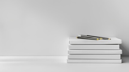 Wall Mural - A stack of white sketchbooks and a pencil on an empty table against a white background, in a minimalistic and aesthetic style