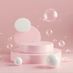 Wall Mural - A pink background with a podium and bubbles floating in the air, creating an atmosphere of lightness and freshness for product presentation