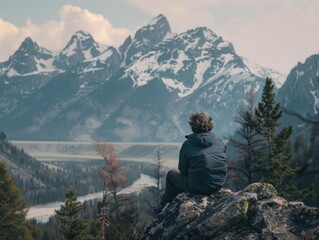 Sticker - A man sits on a rock overlooking a river and mountains. The scene is peaceful and serene, with the man taking in the beauty of the landscape