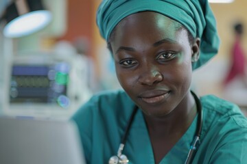 Wall Mural - A woman in a green scrubs is looking at the camera. She is a nurse. Concept of professionalism and dedication to her job