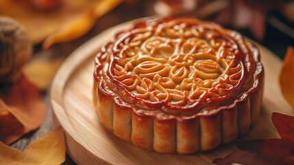 A detailed shot of a traditional baked mooncake, with its golden-brown crust glistening under soft lighting, surrounded by decorative autumn leaves, capturing the essence of the Mid-Autumn Festival.