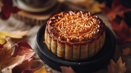 A detailed shot of a traditional baked mooncake, with its golden-brown crust glistening under soft lighting, surrounded by decorative autumn leaves, capturing the essence of the Mid-Autumn Festival.