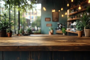 Sticker - Wooden Tabletop in a Cozy Cafe with Blurred Background