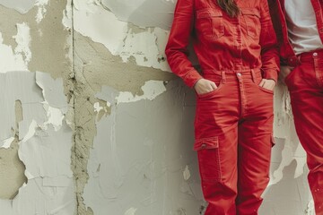 Poster - Two people wearing red jumpsuits are standing next to a wall. The wall is covered in peeling paint and has a greyish color