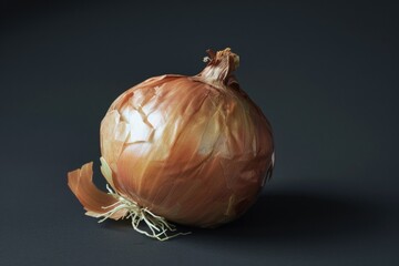 Wall Mural - A large onion is sitting on a dark surface. The onion is peeled and has a brownish color