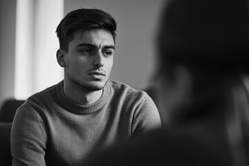 Poster - A man is sitting on a couch with his head down. He is wearing a gray sweater. A woman is sitting behind him